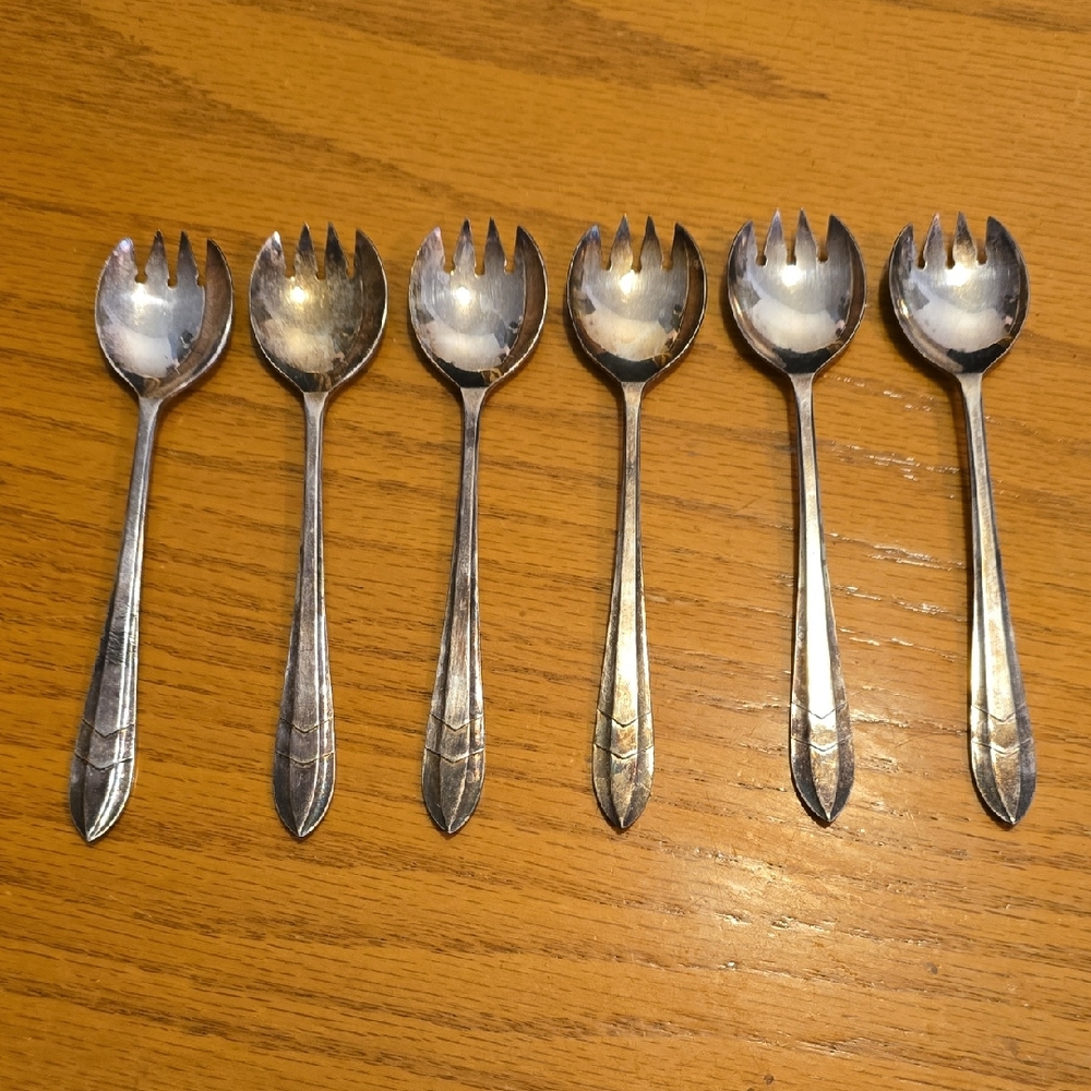 6 Vintage MS Ltd EPNS Pastry Forks Sheffield England with Art Deco Design